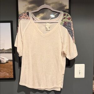 Women's Cream V-Neck Top with Floral Accents